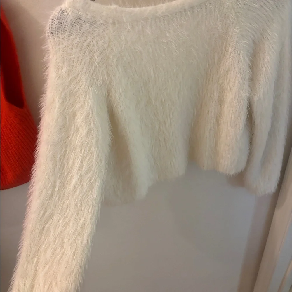 Fuzzy White Cropped Cardigan with Button Closure - Picture 3 of 5